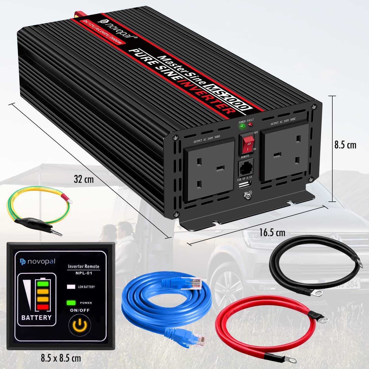 novopal, Power Inverter Pure Sine Wave-2000 Watt 12V DC to 230V/240V AC Converter-2AC Outlets Car Inverter with One USB Port-5 Meter Remote Control And Two Cooling Fans-Peak Power 4000 Watt