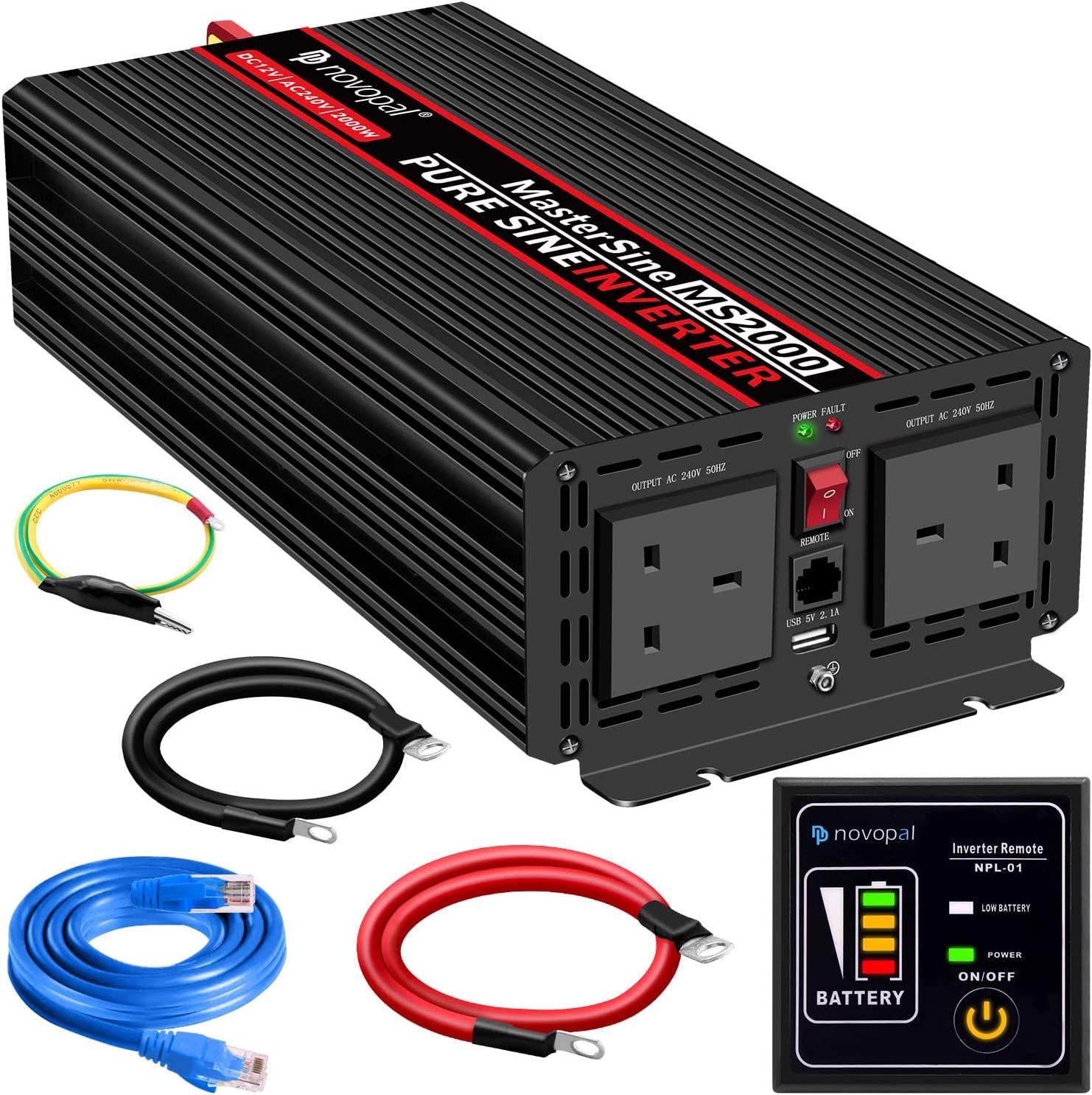 novopal, Power Inverter Pure Sine Wave-2000 Watt 12V DC to 230V/240V AC Converter-2AC Outlets Car Inverter with One USB Port-5 Meter Remote Control And Two Cooling Fans-Peak Power 4000 Watt