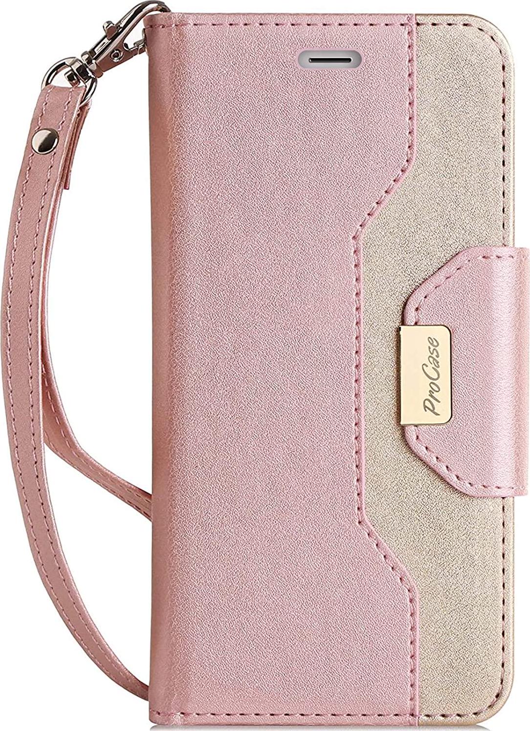 Procase, ProCase for iPhone SE 2020 / iPhone 7 / iPhone 8 Flip Case for Women Ladies Girls, Stylish Wallet Case with Card Holder Mirror Hand Strap-Pink