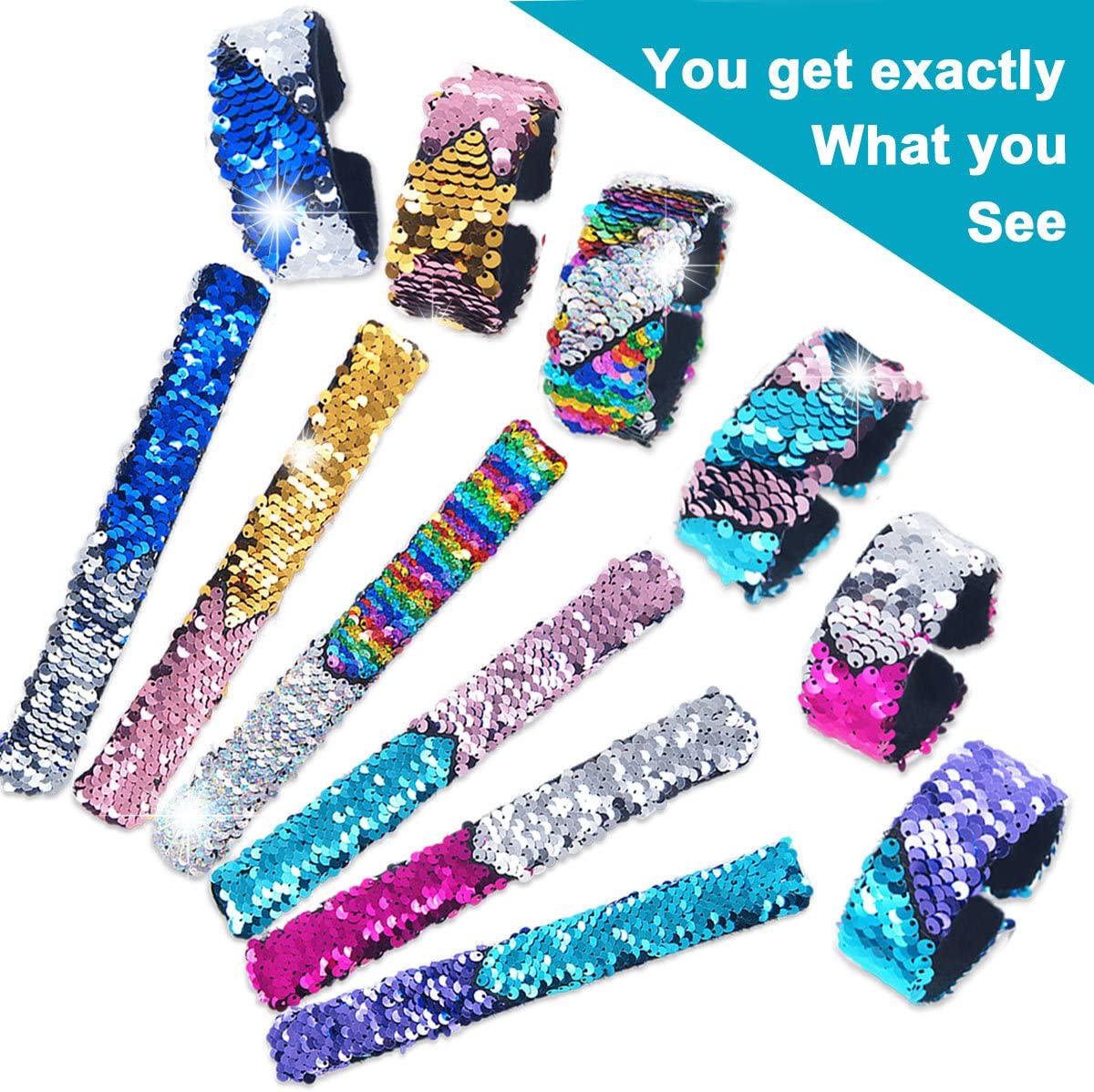 Pawliss, (Sequin Slap Bracelets-12) - Pawliss 12 Pack Little Mermaid Magic Reversible Sequin Slap Bracelets, Birthday Party Favours Supplies Gifts for Girls Kids, Pink Blue Purple