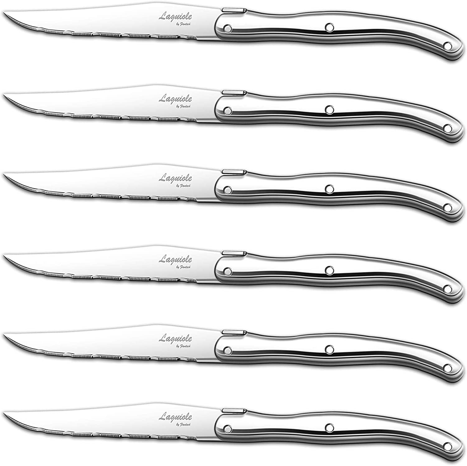 F FANTECK, [Set of 6]Steak Knives,Silverware Set,FANTECK 18/10 Stainless Steel Serrated Sharp Light Premium Laguiole Dishwasher Safe Polished Table Dinner Cutlery Flatware Kitchen Steak Knives Gift Box-Silver 9