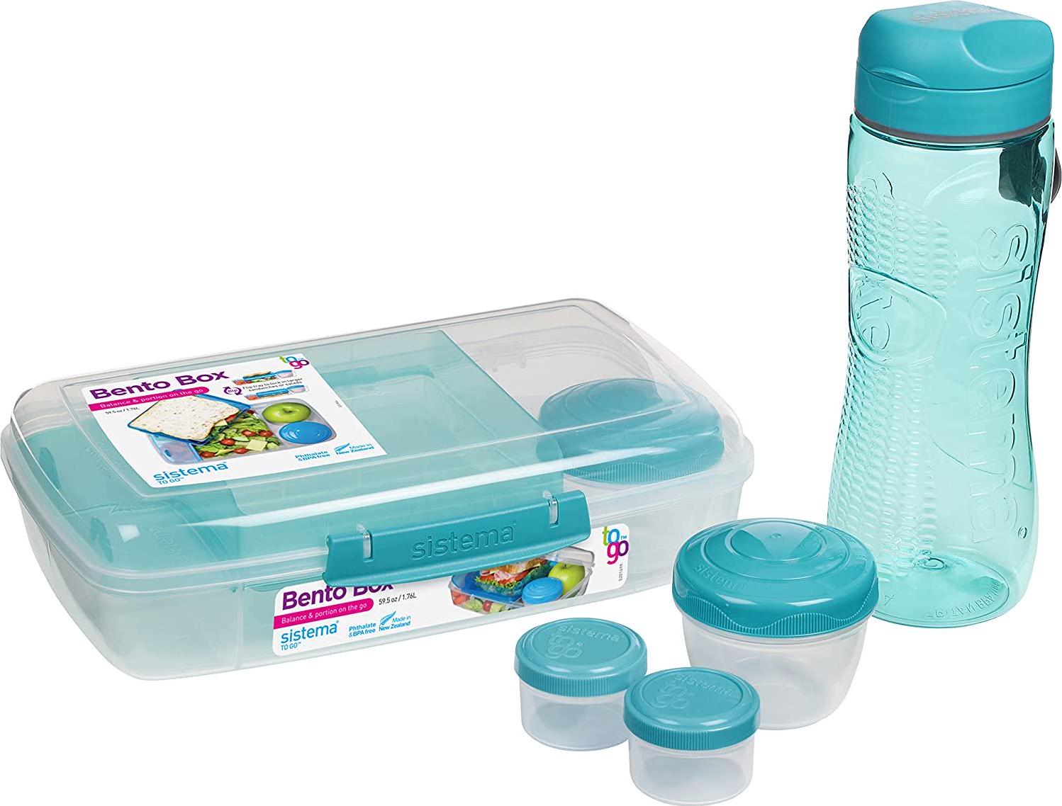 Sistema, Sistema to Go Lunch Box and Meal Containers with Water Bottle (800ml), Bento Box (1.76L), 2 Dressing Pots and 2 Yoghurt Pots, BPA-Free, Blue