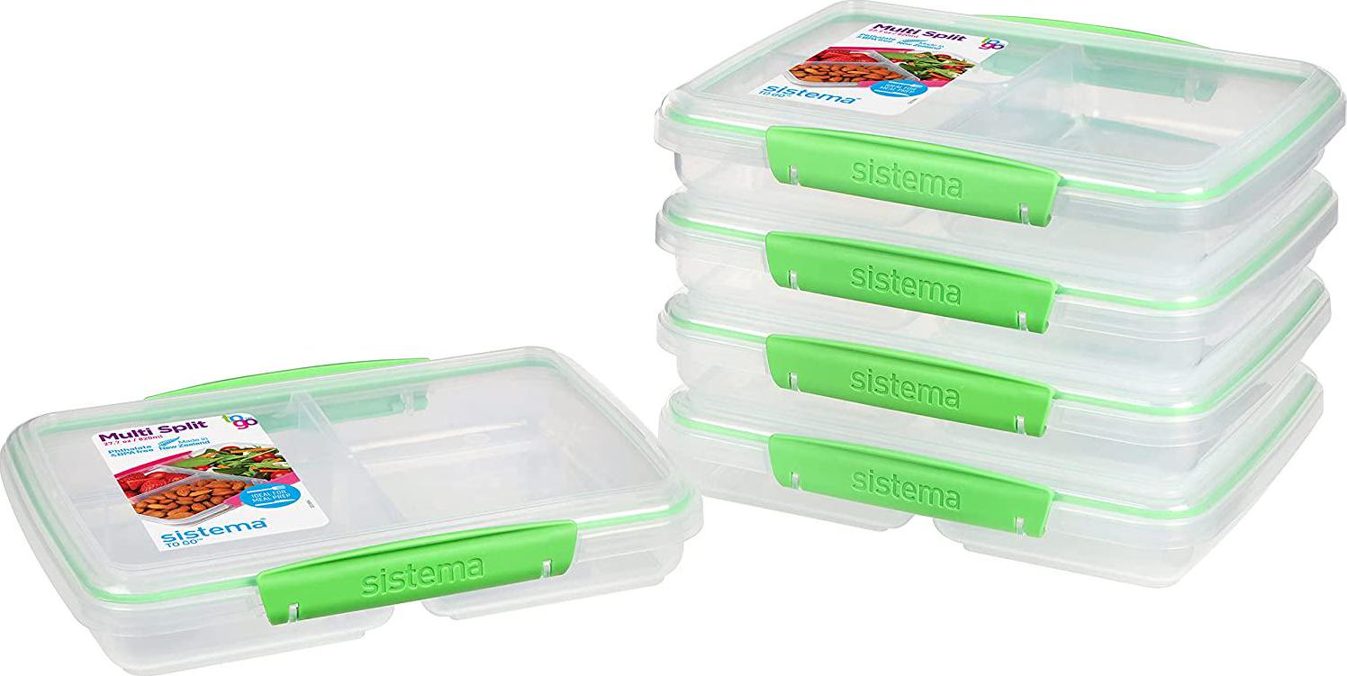 Sistema, Sistema to Go Multi Split Meal and Food Prep Containers with Dividers and Clips, 820ml, BPA-Free, 5 Food Storage Containers, Green/Clear